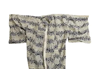 Vintage Japanese Silk Kimono in Geometric Blue Cream Pattern