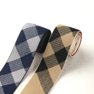 1.5 inch (40 mm) Wide Blue/Beige and Black Plaid Elastic Band- 1 Yard