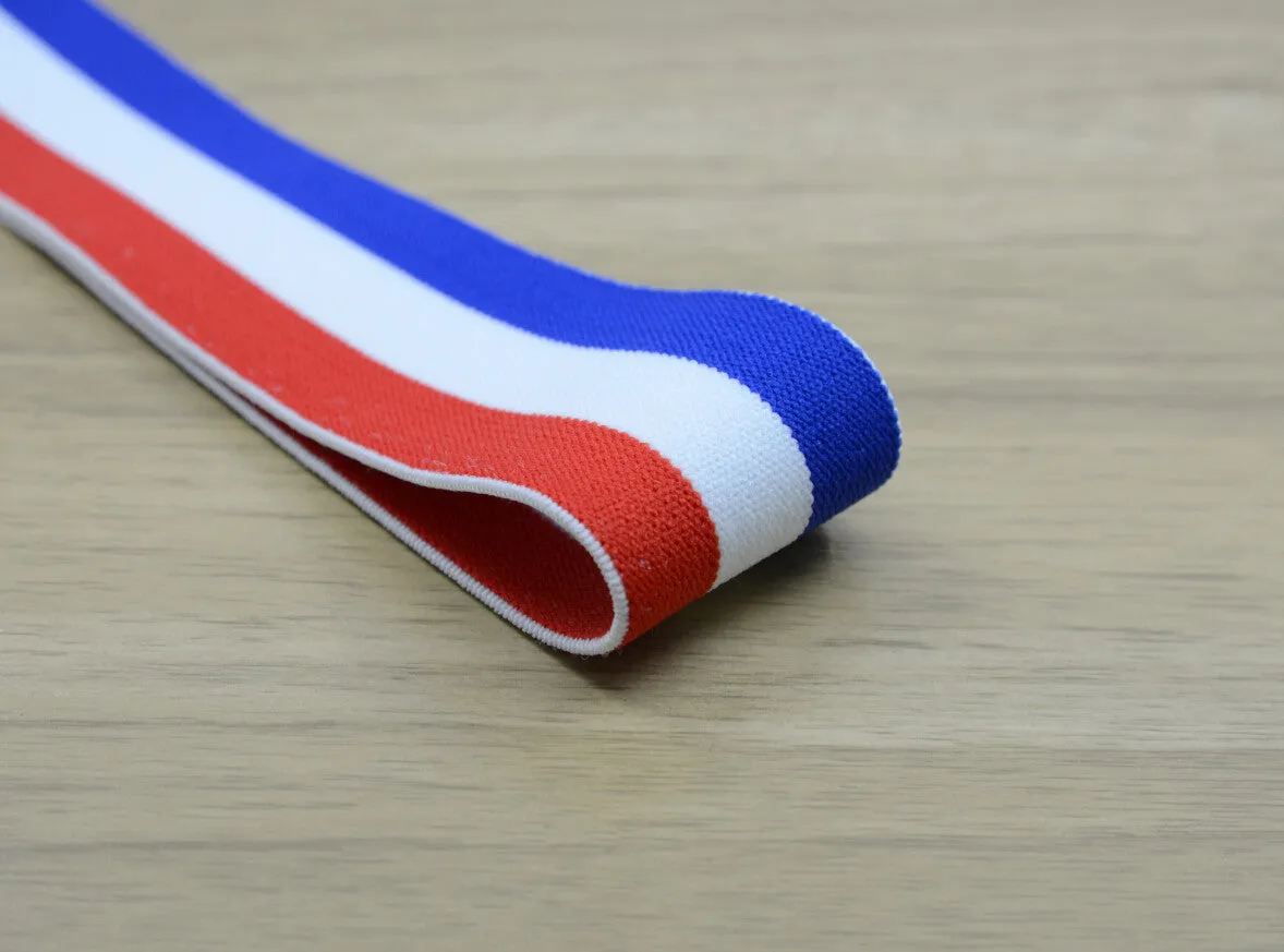 1.5 inch (40mm) Wide Colored Plush Blue White and Red Striped Elastic Band, Soft Waistband Elastic, Elastic Trim, Sewing Elastic