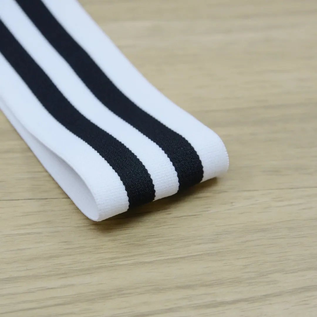 2 inch (50mm) Wide Colored Plush White and Black Striped Elastic Band - 1 Yard