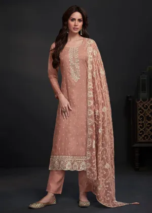 Adorning Peach Embroidered Organza Festive Pant Style Suit