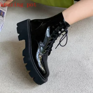 Amozae-Krazing Pot cow leather brand European thick high heels motorcycles winter shoes plus size rivets keep warm rock ankle boots l95