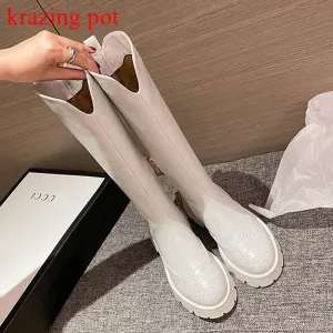 Amozae-krazing pot cow leather round toe med heels carving European equestrian boots zipper 2024 winter stovepipe chic knee-high boots