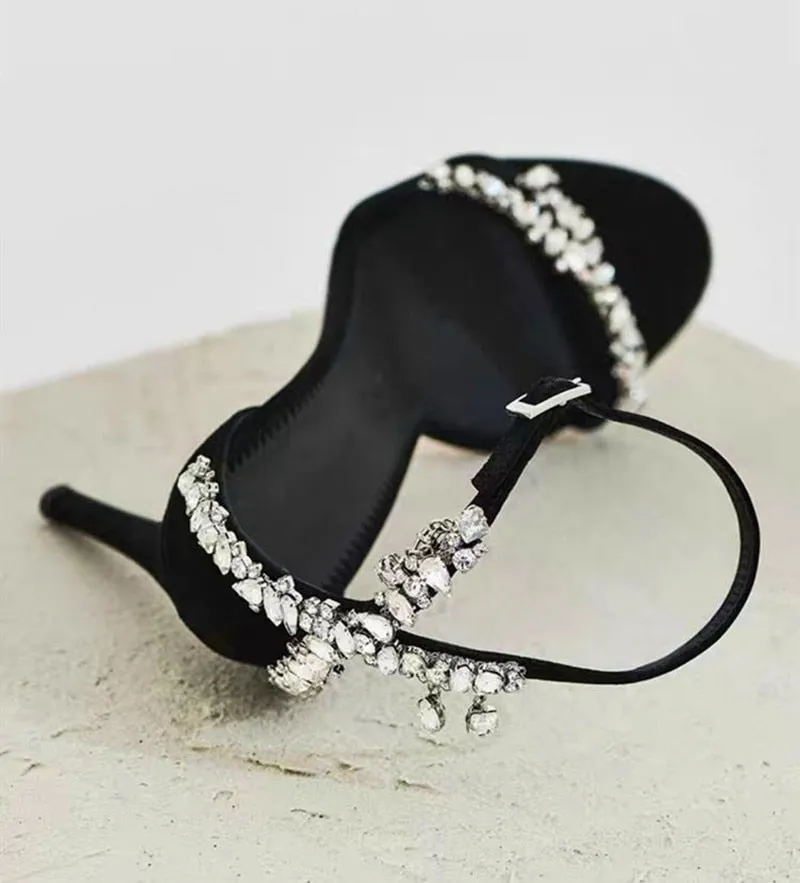 Amozae Rhinestone Chain Sandals Women's European And American New Black Word Buckle   High Heels Stiletto Summer