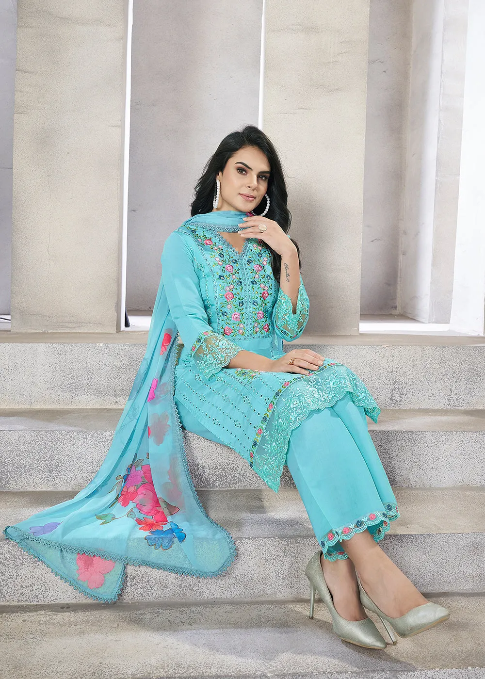 Aqua Blue Roman Silk Embroidered Festive Salwar Kurta Suit