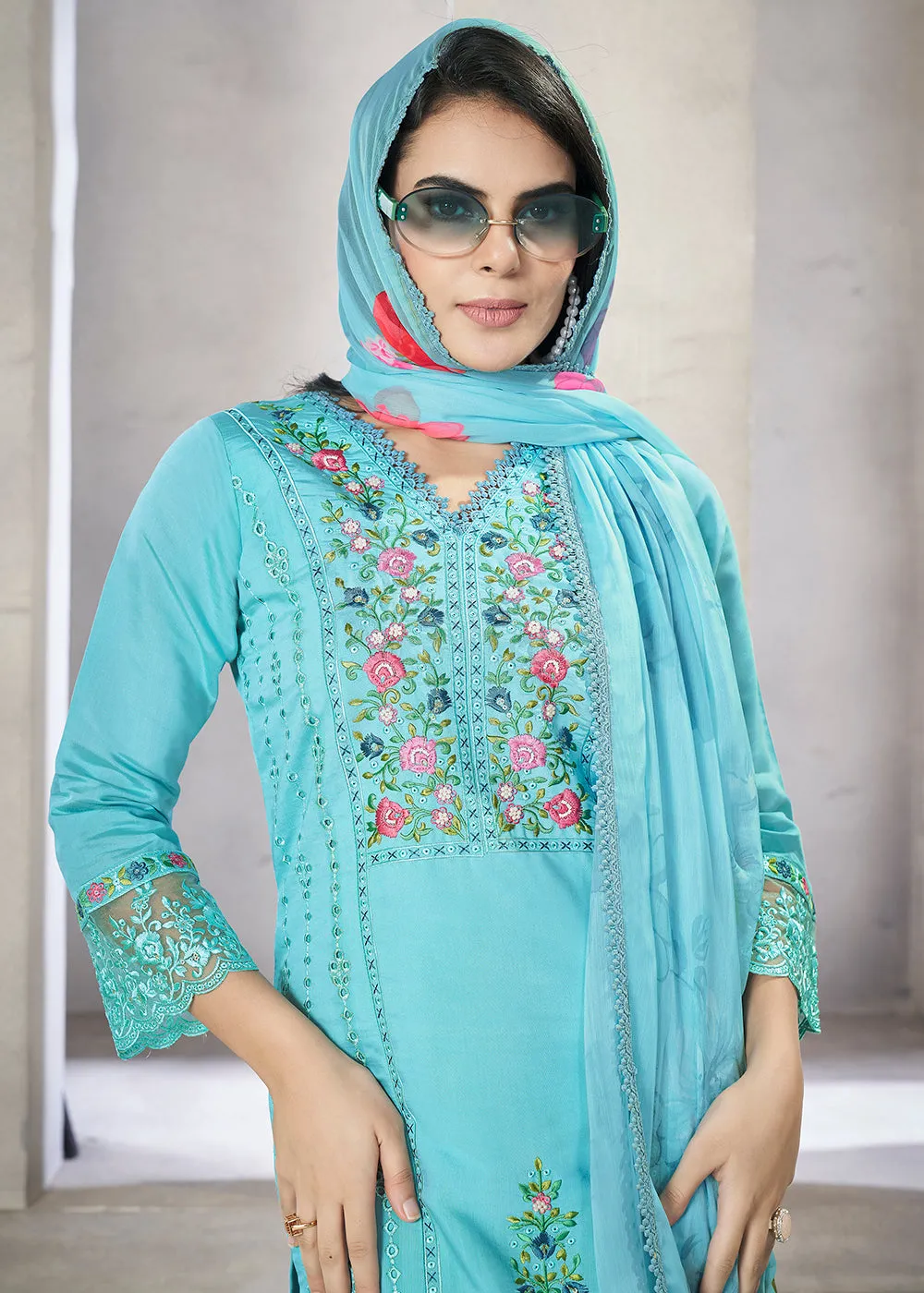 Aqua Blue Roman Silk Embroidered Festive Salwar Kurta Suit