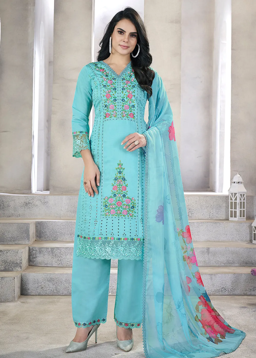 Aqua Blue Roman Silk Embroidered Festive Salwar Kurta Suit