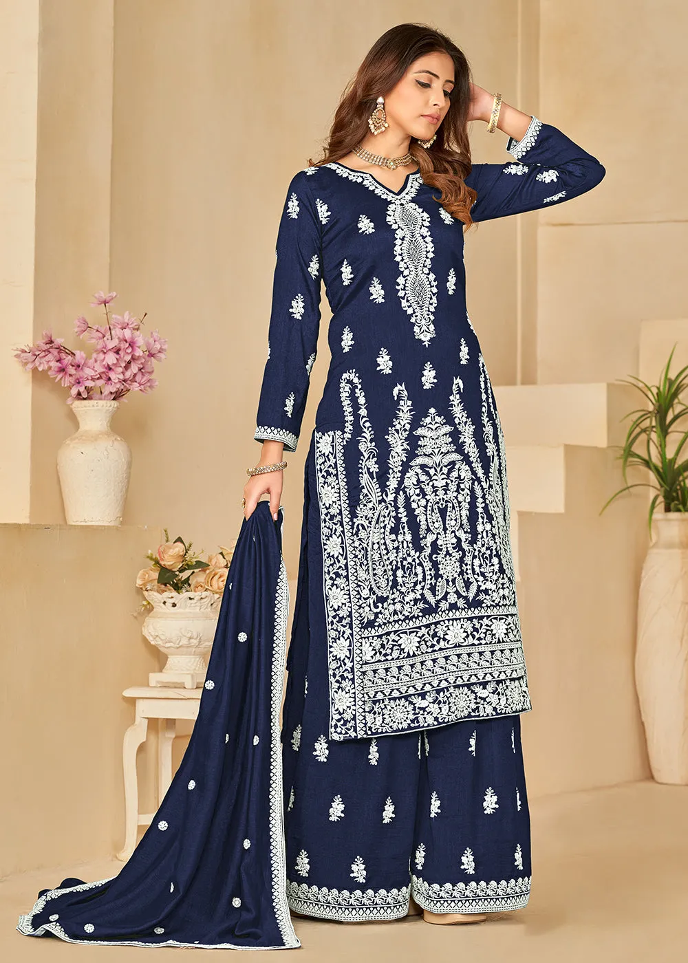 Art Silk Pretty Blue Embroidered Palazzo Style Suit