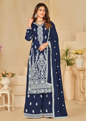 Art Silk Pretty Blue Embroidered Palazzo Style Suit