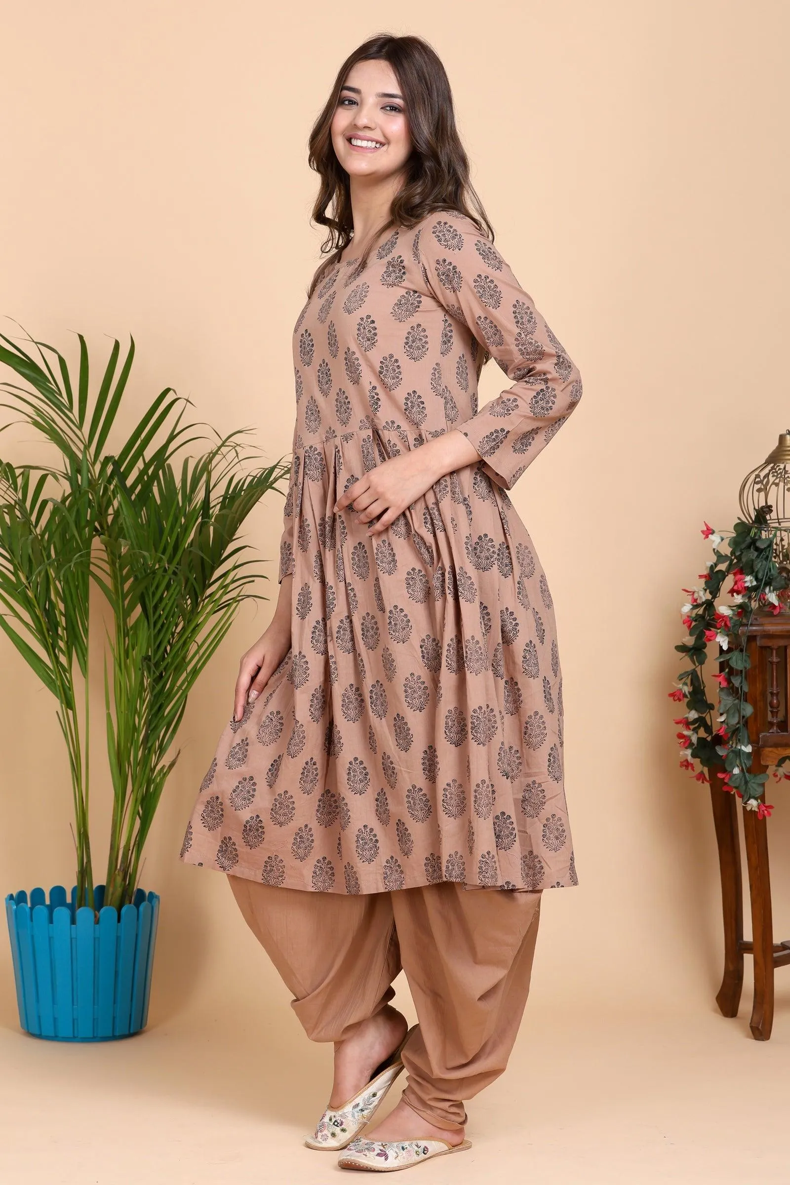 Aseel Brown Block Print Kurta with Dhoti Pants