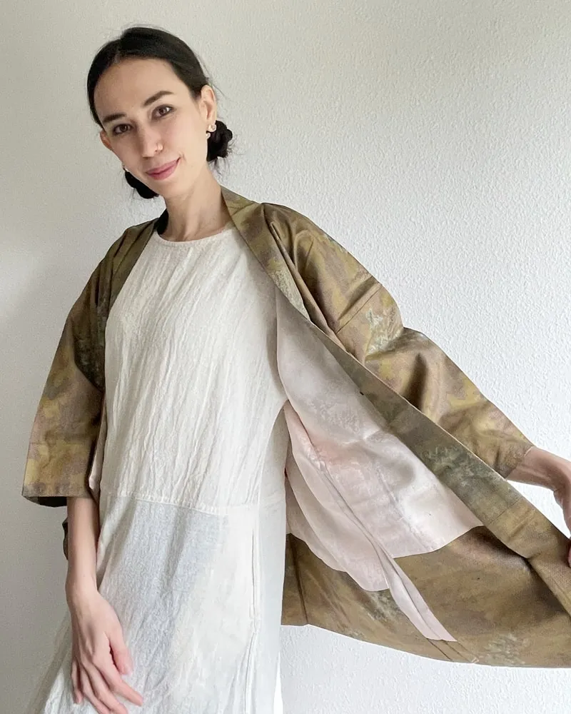 Bamboo Yellow Brown Oshima Tsumugi Haori Kimono Jacket