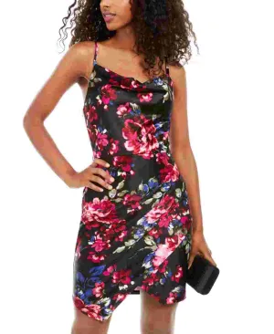 BCX Women's Spaghetti Strap Square Neck Short Body Con Cocktail Dress Black Floral Size 13