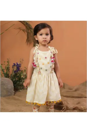 Beige Floral Printed With Hand Embroidery Cotton Kurta With Dhoti Set