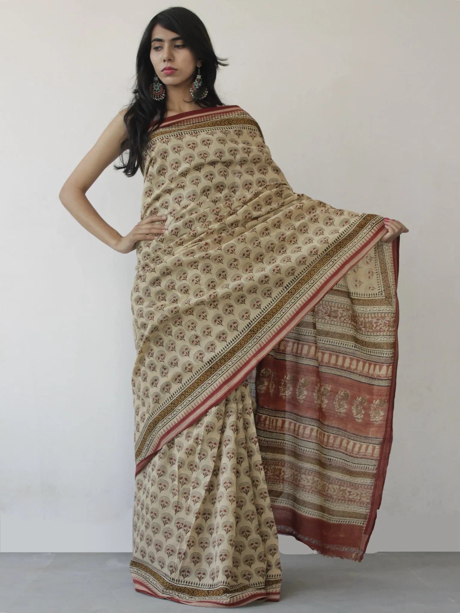 Beige Maroon Black Handloom Cotton Hand Block Printed Saree in Natural Dyes - S031702480