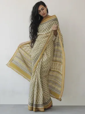 Beige Mustard Black Handloom Cotton Hand Block Printed Saree in Natural Dyes - S031702479