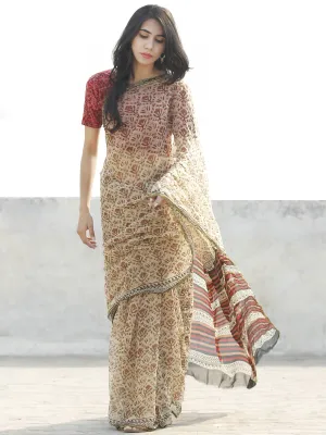 Beige Rust Hand Block Printed Chiffon Saree with zari border- S031702664