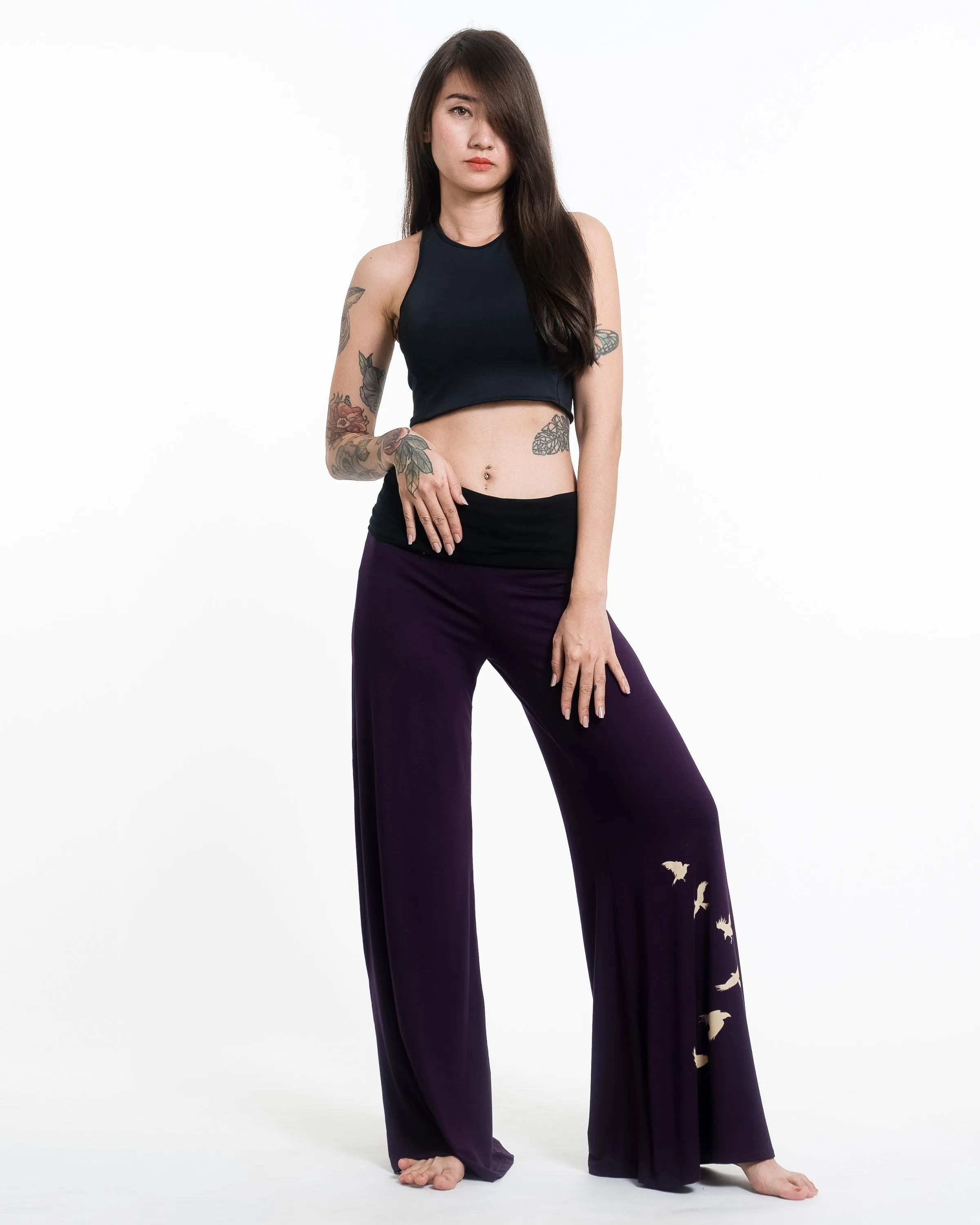 Birds Spandex Wide Leg Palazzo Pants in Purple