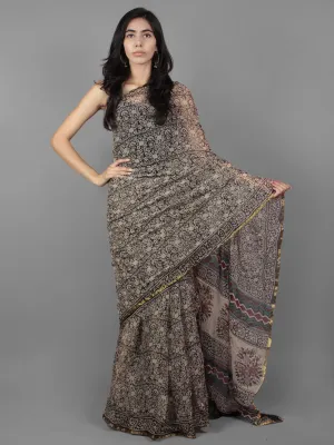 Black Beige Maroon Hand Block Printed Chiffon Saree - S031701884