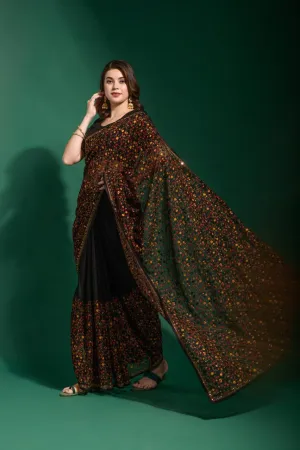 Black Floral Georgette Premium Embroidery Saree