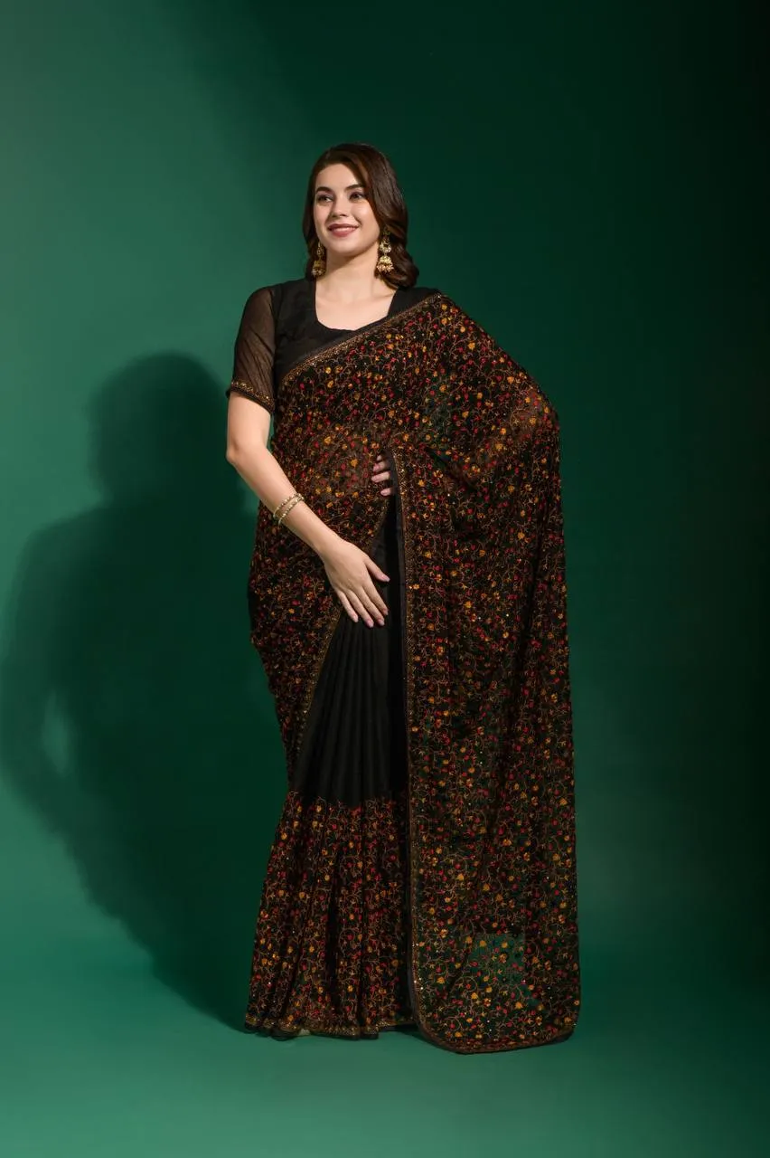 Black Floral Georgette Premium Embroidery Saree