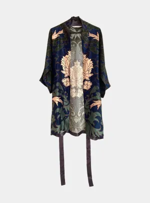 Blue and Green Damask Kimono Silk Robe