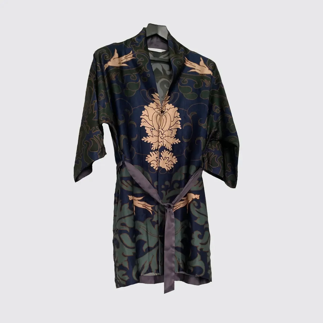 Blue and Green Damask Kimono Silk Robe