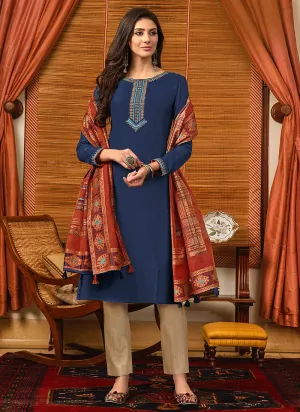 Blue And Orange Embroidered Pant Style Suit