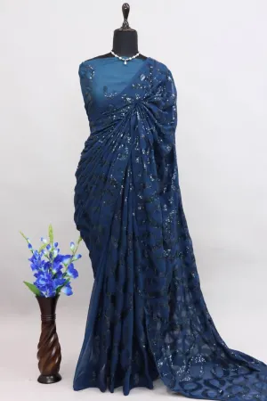 Blue Georgette Premium Sequins Saree