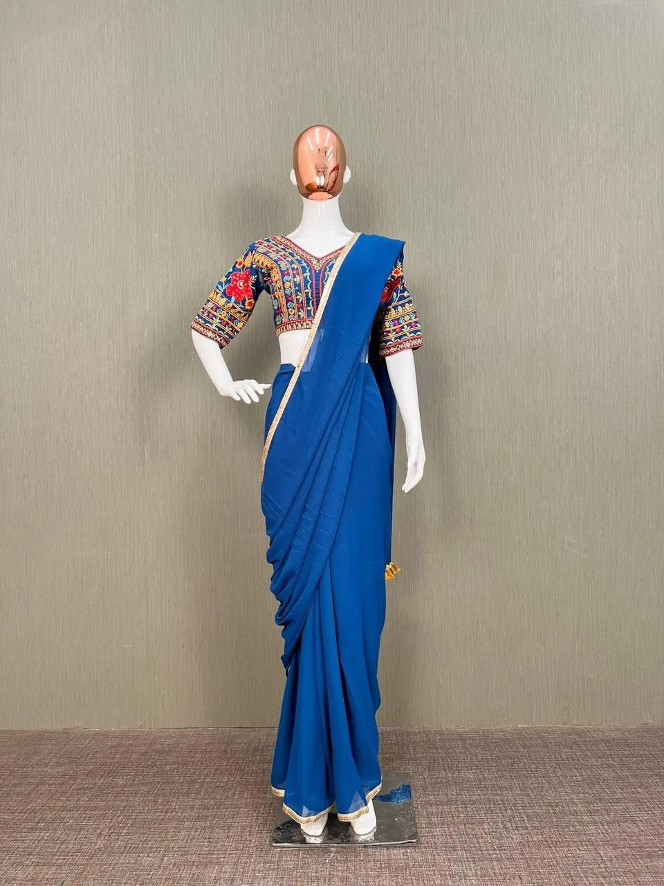 Blue Plain Georgette Embroidery Saree