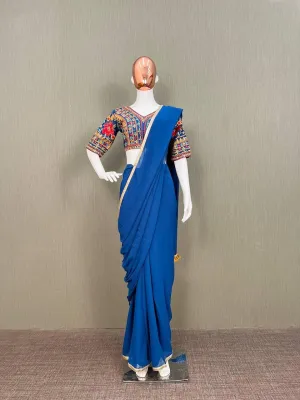 Blue Plain Georgette Embroidery Saree