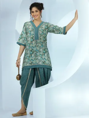 Blue Printed Silk Blend A-Line Kurta With Dhoti Pants