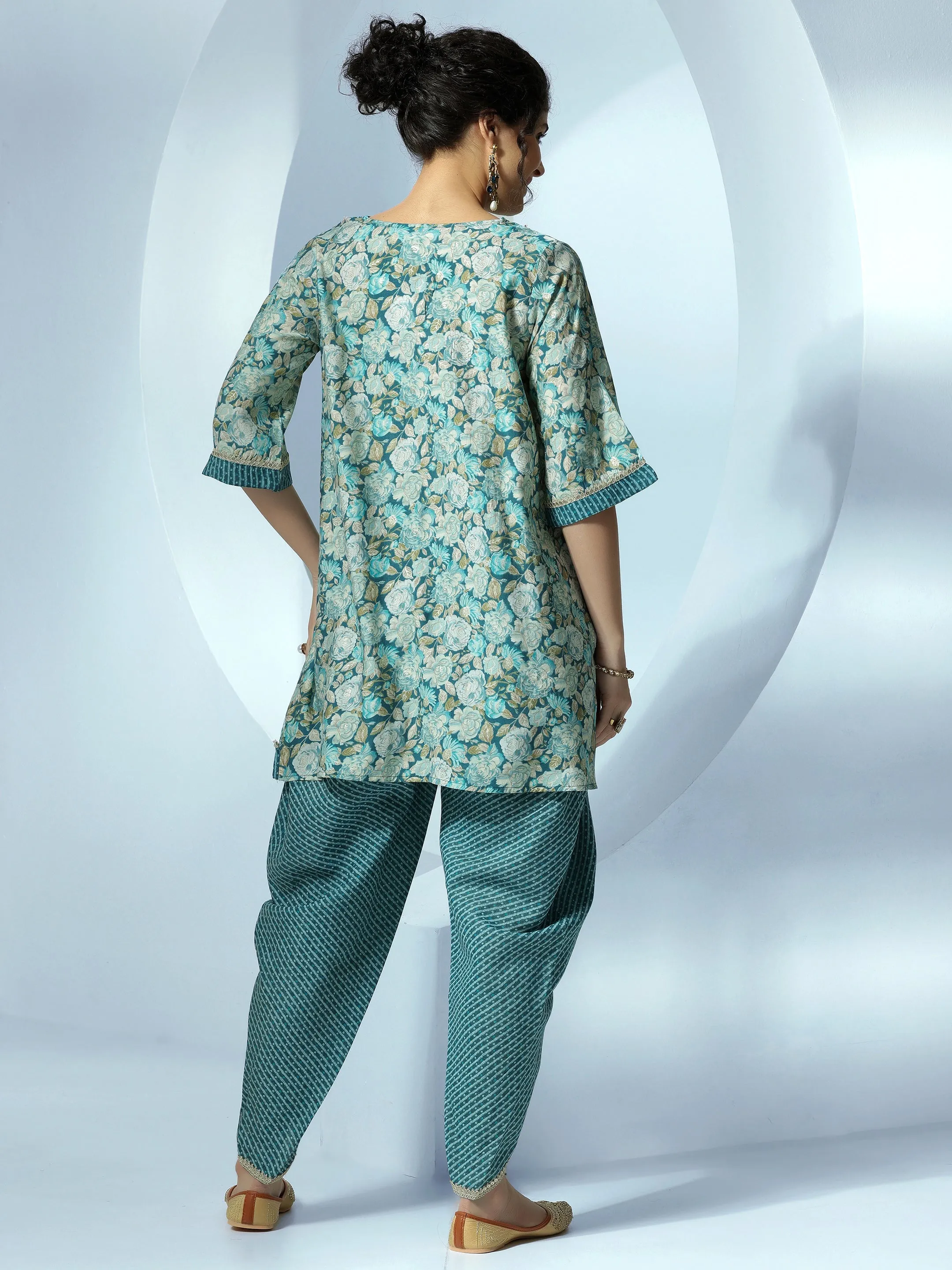 Blue Printed Silk Blend A-Line Kurta With Dhoti Pants