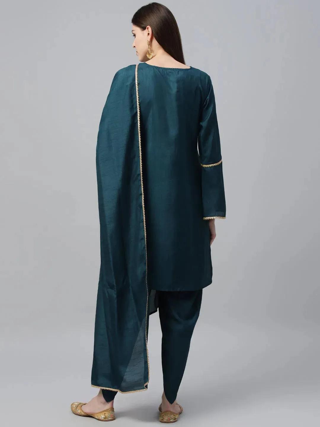 Blue Solid Polyester Straight Kurta With Dhoti Pant & Dupatta