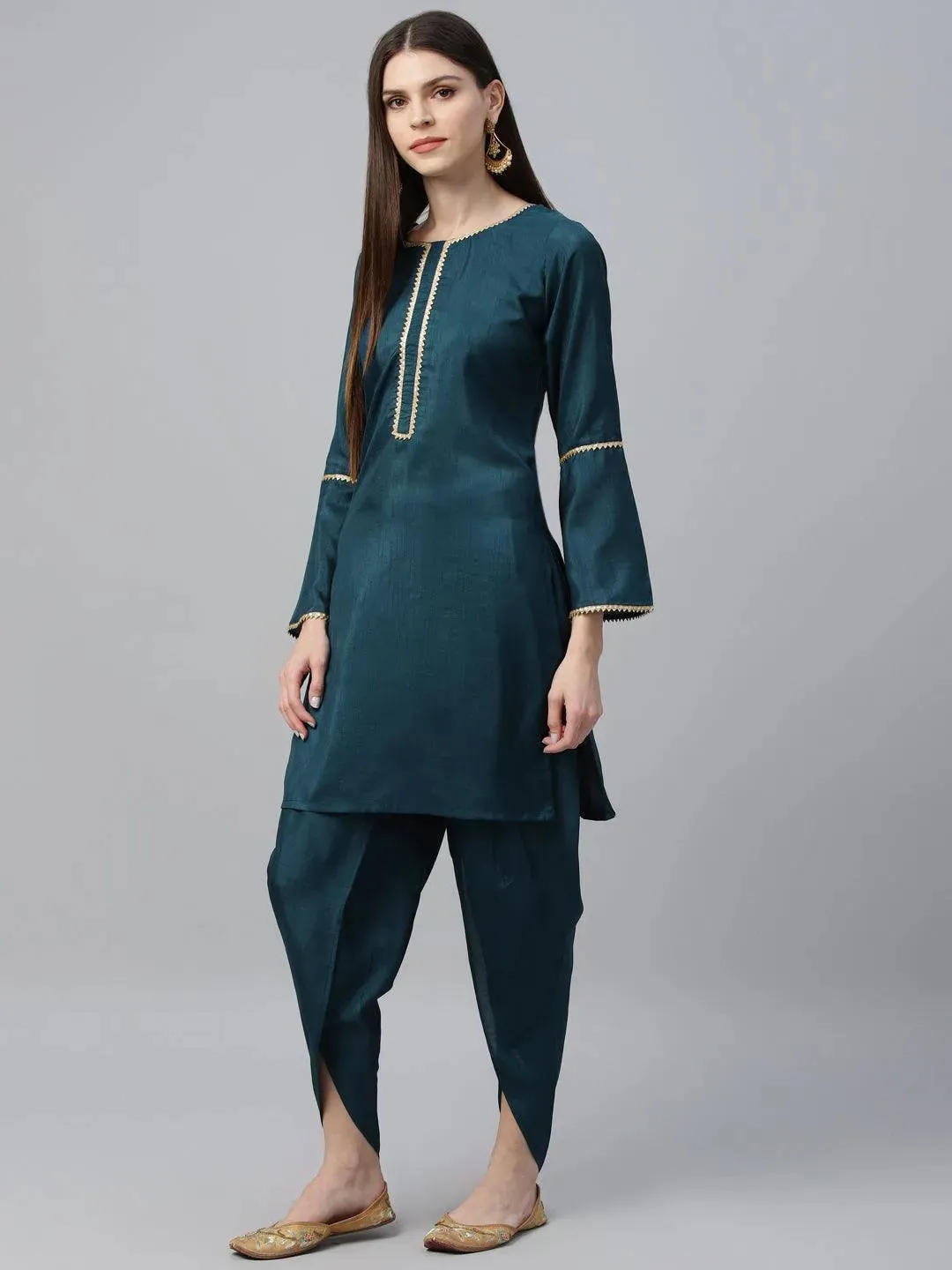 Blue Solid Polyester Straight Kurta With Dhoti Pant & Dupatta