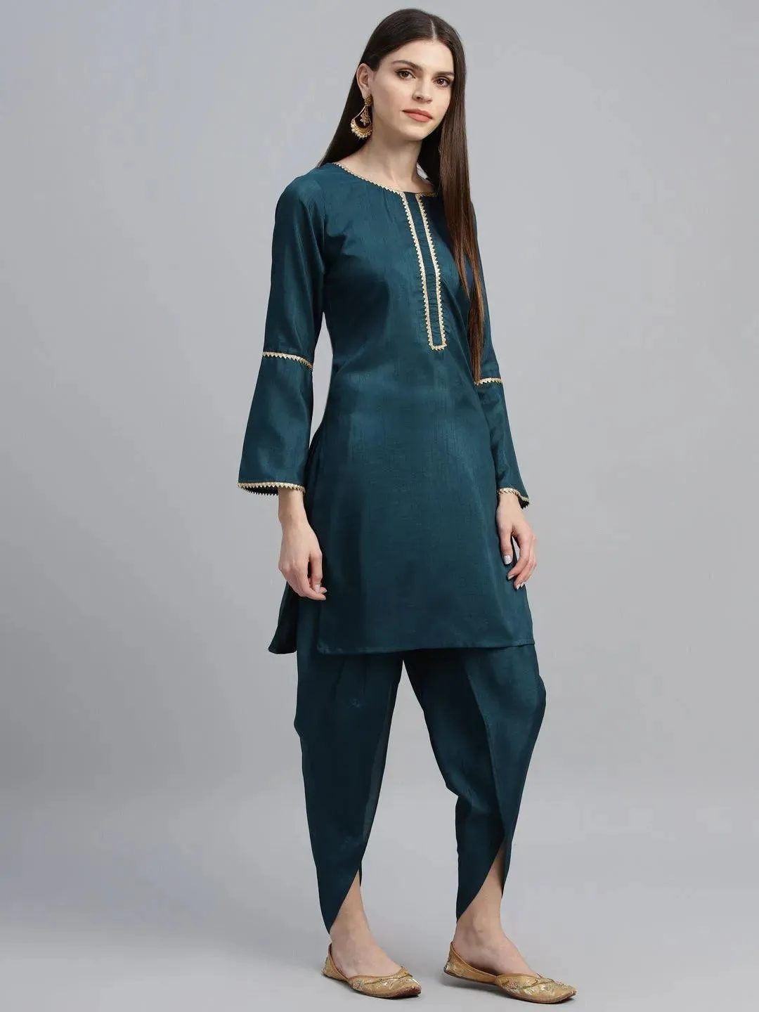 Blue Solid Polyester Straight Kurta With Dhoti Pant & Dupatta