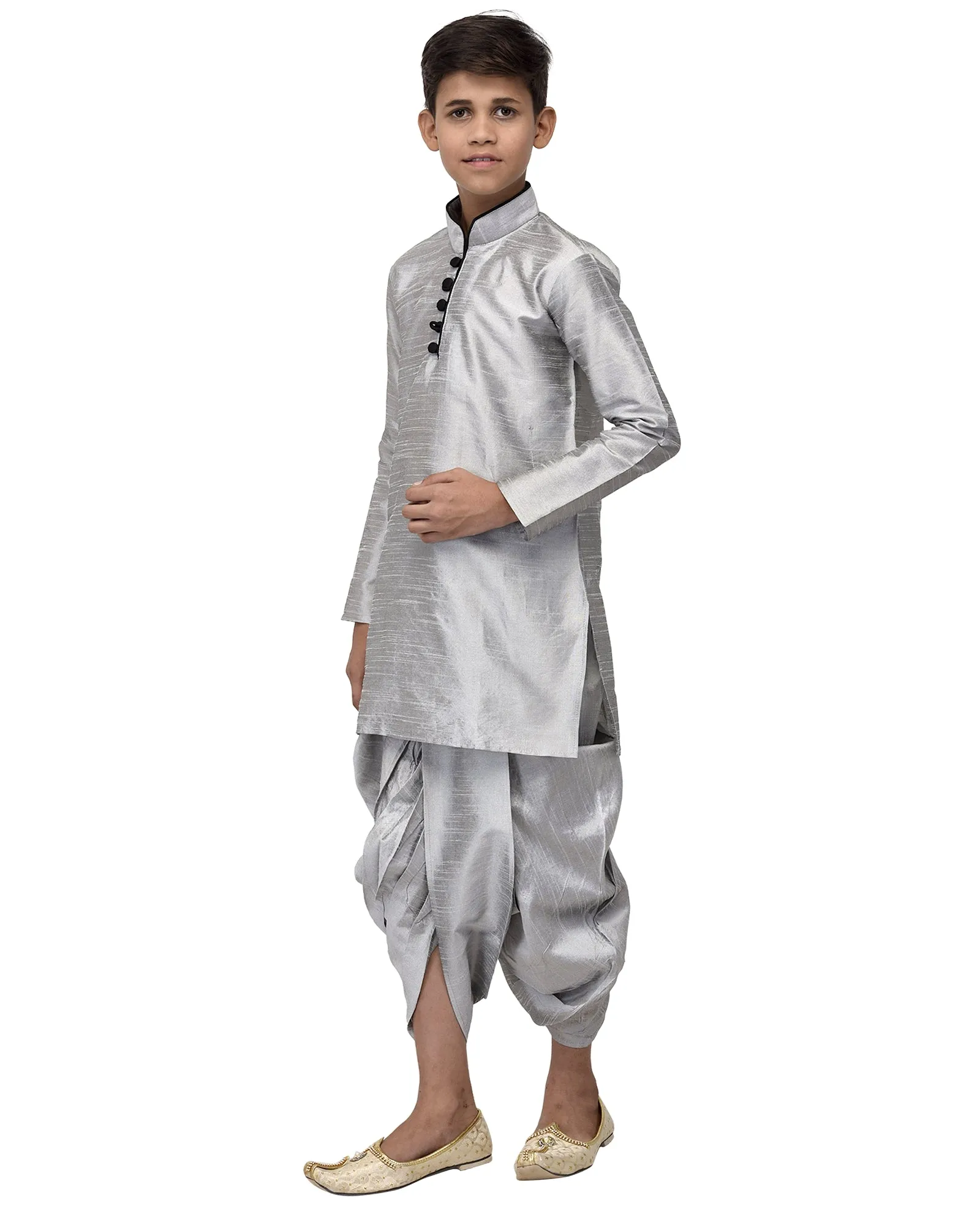 Boy's Grey Solid Kurta With Dhoti Pants - Benstoke KIDS