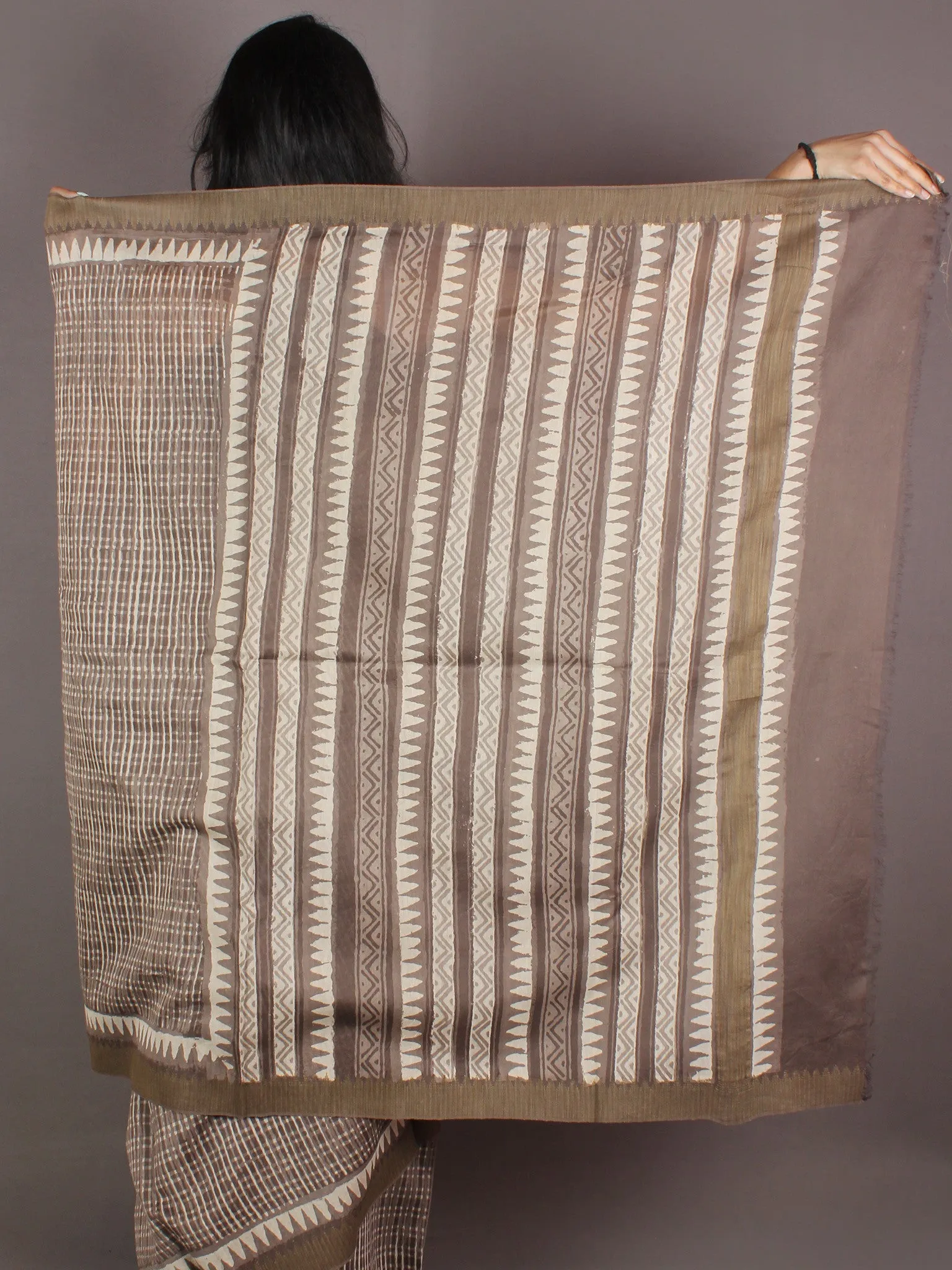 Brown White Hand Block Printed in Natural Colors Chanderi Saree With Geecha Border - S03170975