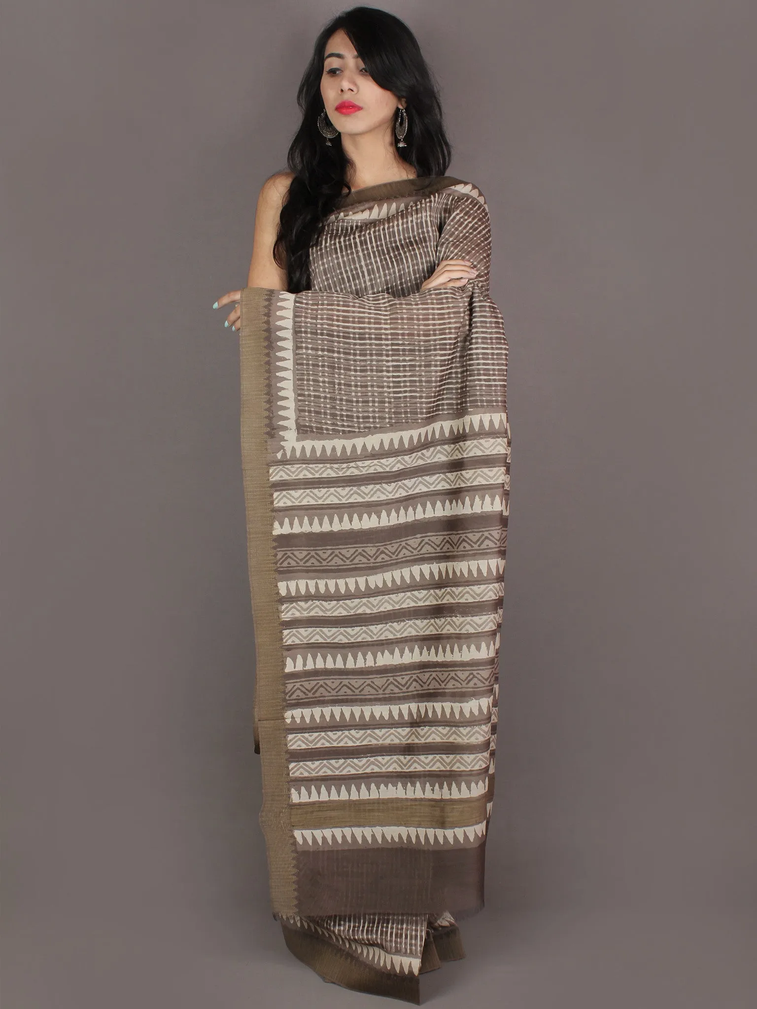 Brown White Hand Block Printed in Natural Colors Chanderi Saree With Geecha Border - S03170975