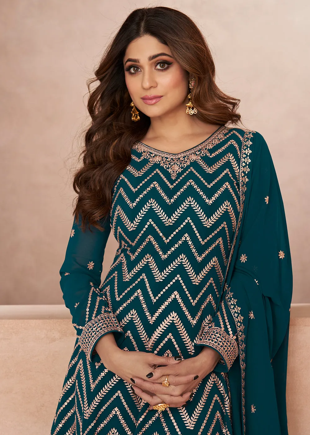 Charming Festive Look Teal Georgette Palazzo Style Suit