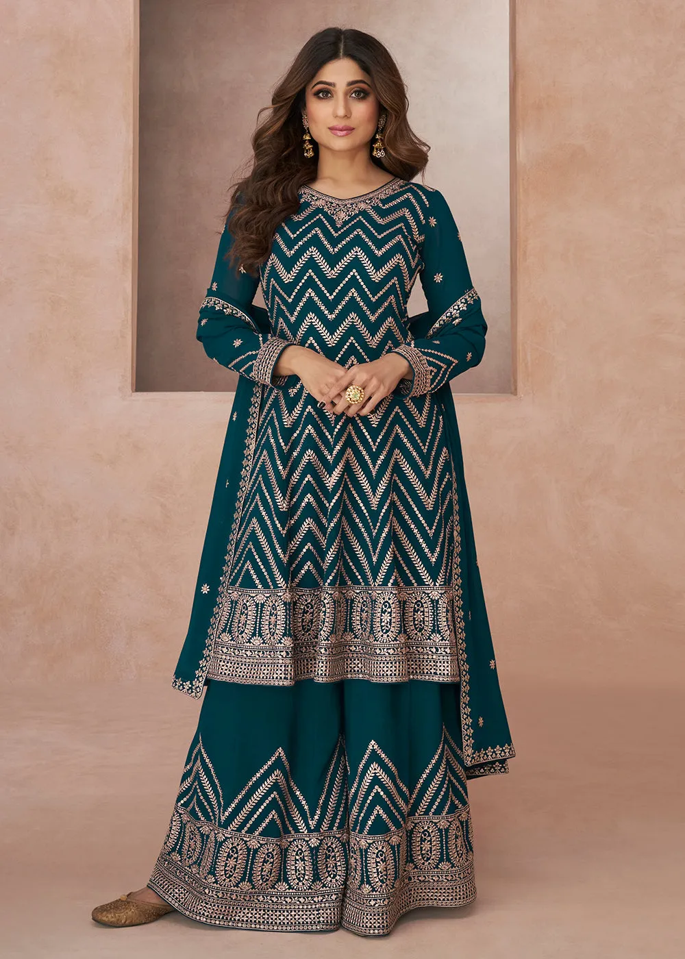 Charming Festive Look Teal Georgette Palazzo Style Suit