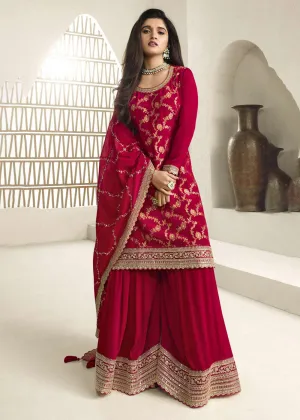 Chinnon Jacquard Red Zari Embroidered Palazzo Suit