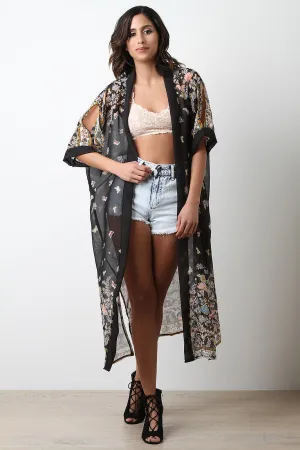 Cold Shoulder Semi-Sheer Floral Longline Kimono