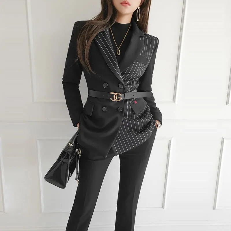 Contrast Striped Panel Lapel Collar Blazer & Tailored Pants