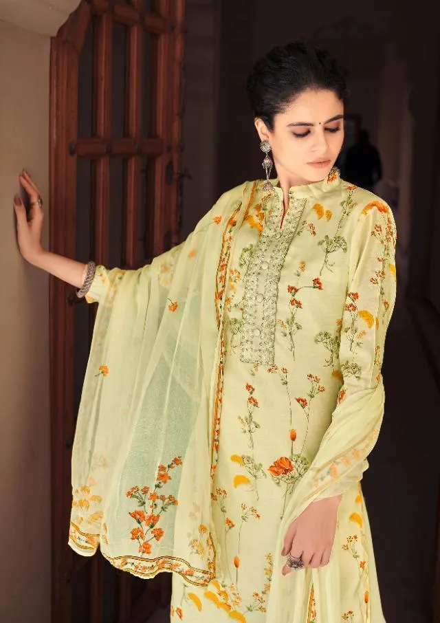 Cotton Silk Floral Printed Light Yellow Suits Dress Material for Women