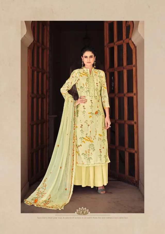 Cotton Silk Floral Printed Light Yellow Suits Dress Material for Women