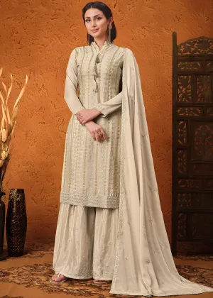 Cream Beige Chiffon Embroidered Sharara Suit