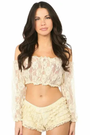 Cream Sheer Lace Long Sleeve Peasant Top