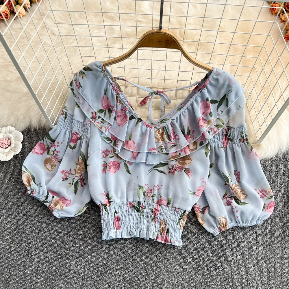 Cute v neck chiffon tops crop tops   S267