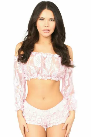 Daisy Corsets Baby Pink Sheer Lace Long Sleeve Peasant Top