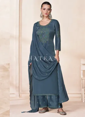 Dark Blue Embroidery Traditional Silk Salwar Kameez